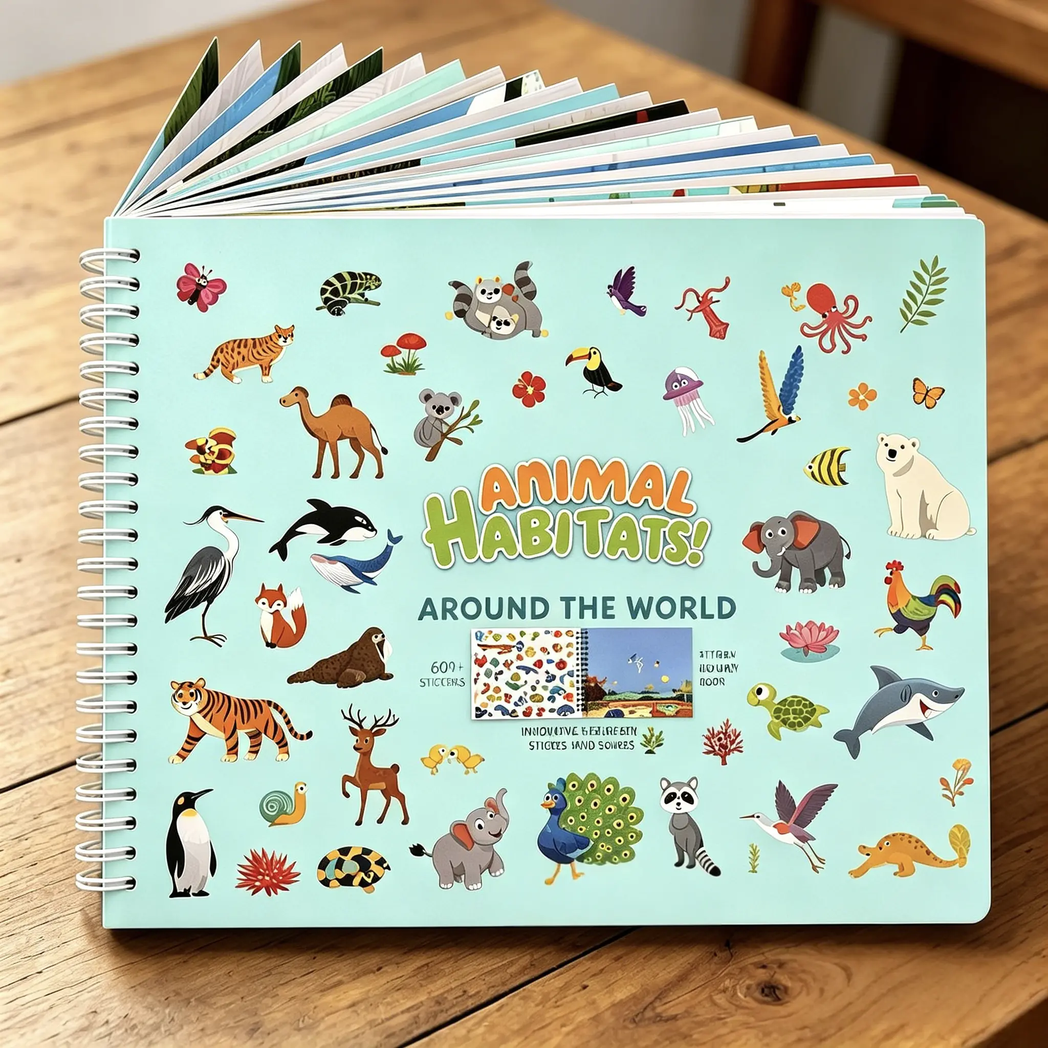 All-in-One Kids Coloring Book with Over 600 Vivid Animal Stickers, Comes with 13 Unique Wildlife Habitat Play Scenes and 14 Original Hand-Drawn Coloring Pages, Includes Ocean, Jungle, Farm and Woodland Creatures.