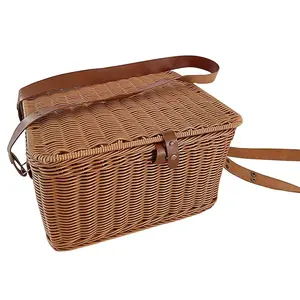 KOVOT Poly-Wicker Picnic Basket | 14" x 12" x 7.5" | for Picnics, Parties and BBQs | Hand Woven with Leather Straps