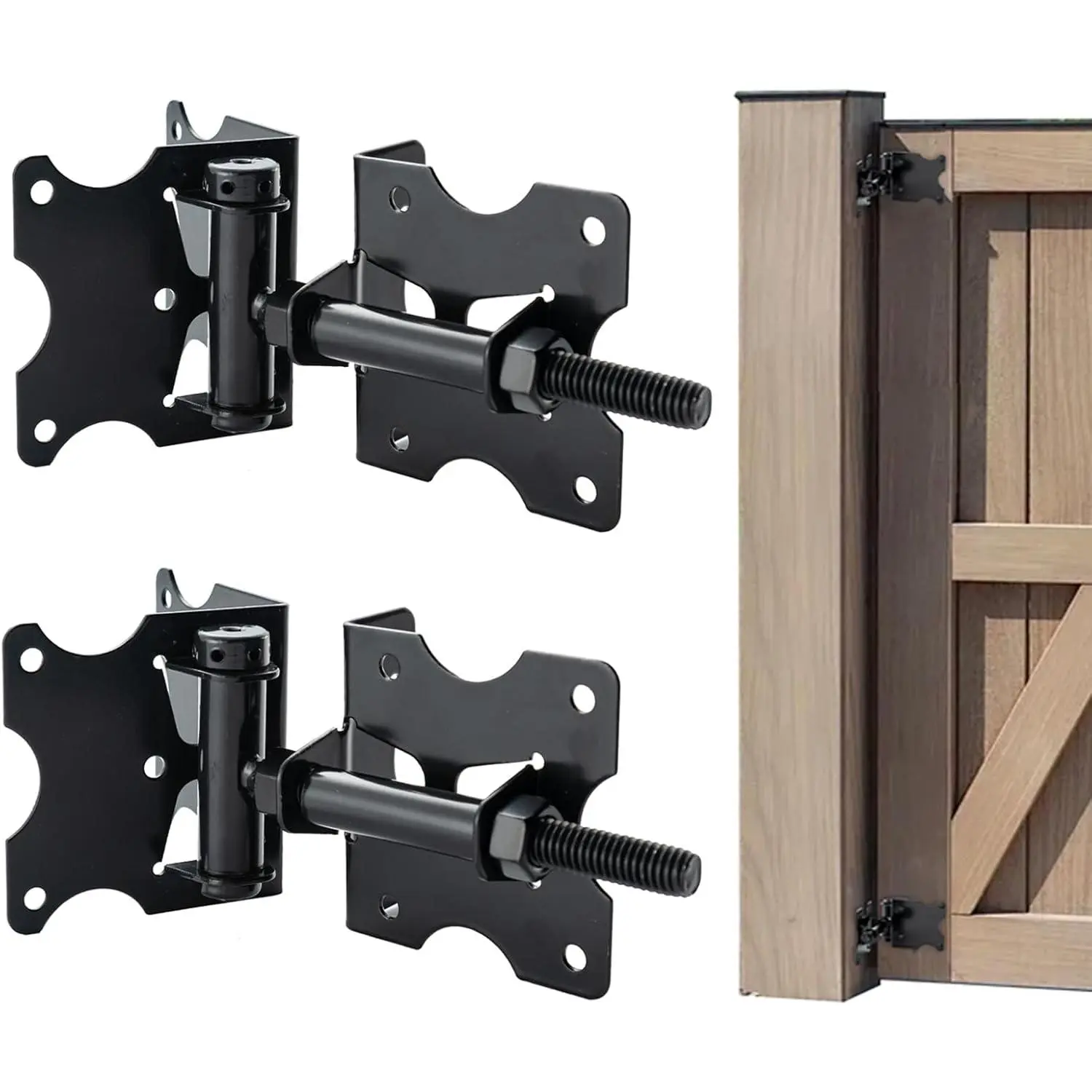Self Closing Gate Hinges, Heavy Duty Gate  Vinyl Door Closer Hinges, 90 Degree Adjustable Gate Hinges with Swing Adjustment Tool for Vinyl/Wooden Fence, 2 Pack, Black