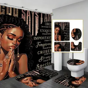 Gold Prayer Girl Bathroom Set, Luxurious Faith Theme, Waterproof Shower Curtain, Non-Slip Mat, Toilet Mats, Easy Clean, Bathroom Decoration Accessories