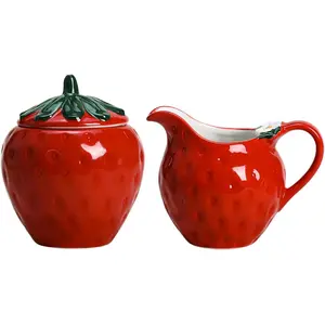 Ceramic Strawberry Shape Creamer and Sugar Bowl Set, Cream Pitcher, Sugar Bowl with Lid, Coffee Serving Set
