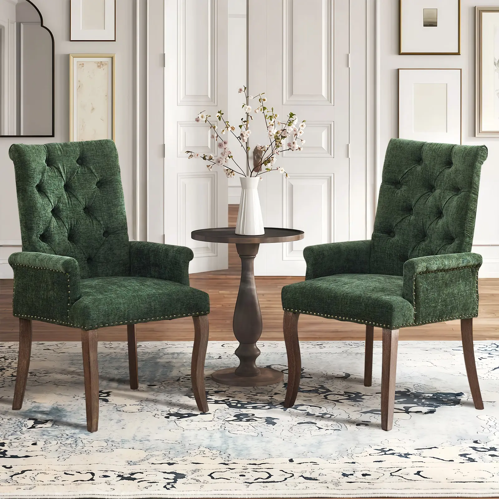 Chenille Dining Chairs Set, Tall Back Side Chair, Modern Upholstered High-end Tufted Side Chair with Armrest, Solid Wood Leg for Dining Room, Kitchen, Office, Bedroom Fabric Armchair Round Armchair