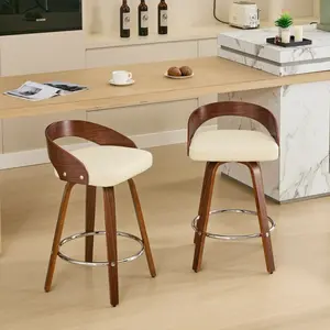 Bar Stools Set of 2, 360° Swivel Mid Century Bar Stools with Low Back Set of 2, Cherry Wooden Bar Stool with Beige PU Upholstered, 26" Counter Height Leather Bar Stools for Kitchen Island, Pub, Restaurant, Beige