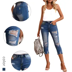 Women's Fashion Blue Ripped Capri Jeans - High Waisted Distressed Cropped Denim Pants
