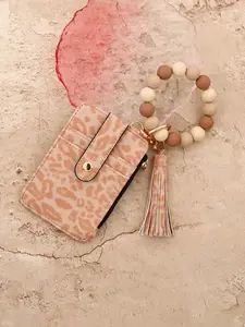 Silicone Leopard Print Keychain Wallet Set, Silicone Bead Bracelet, Leather Card Holder, Women's Purse, Mother's Day Gift, Girl's ID Case
