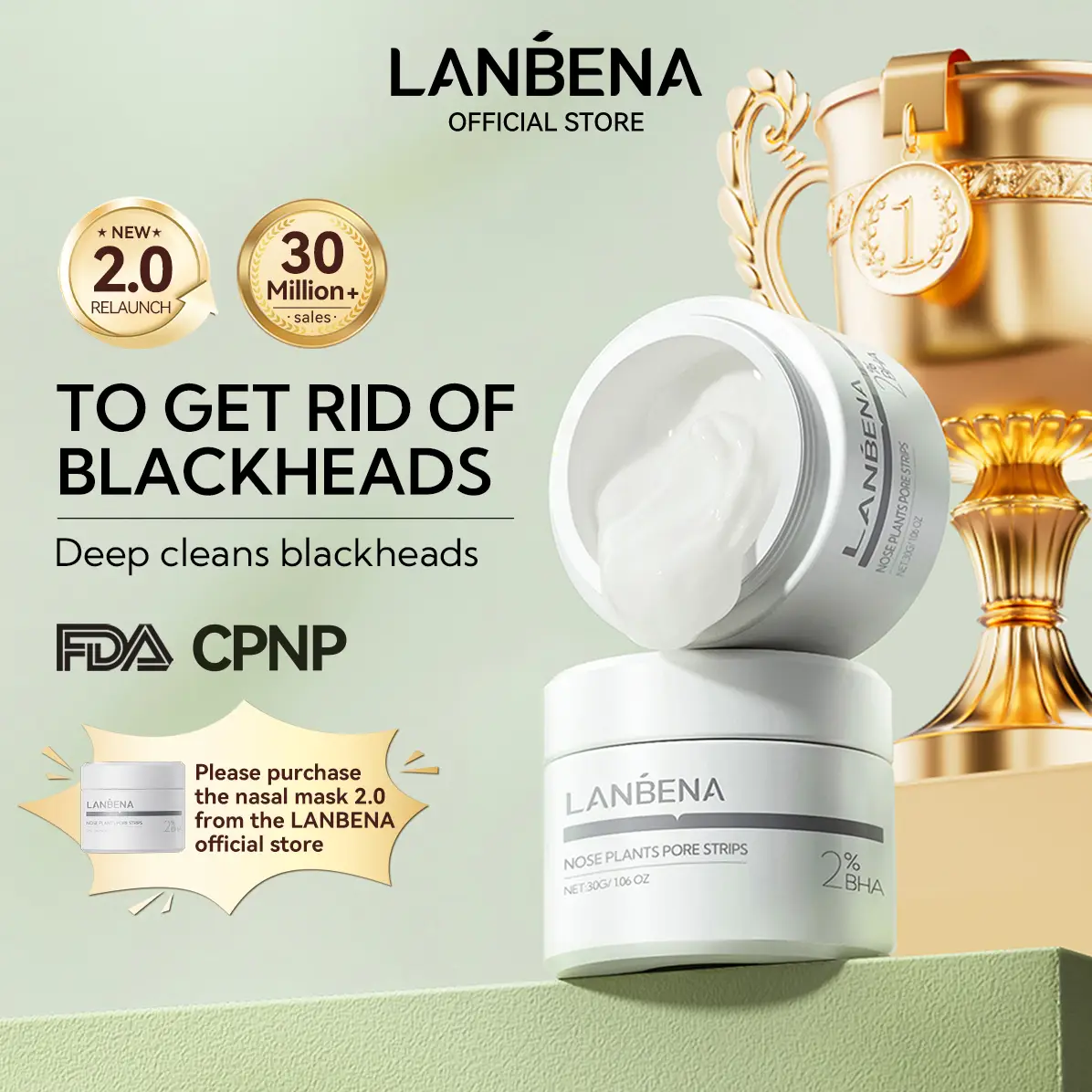 LANBENA 2.0 Nose Plants Pore Strips - 30g Blackhead Remover Mask with Hyaluronic Acid & Aloe Vera for Deep Cleansing & Moisturizing Blemish Removal Na