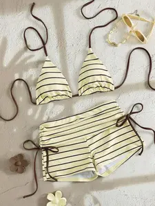 BUDDIES 2pcs Women's Striped & Random Print Halter Backless Top + Side Tie Shorts Elegant Sexy Fashion Beach Vacation Bikini Swimwear Set, Spring/Summer