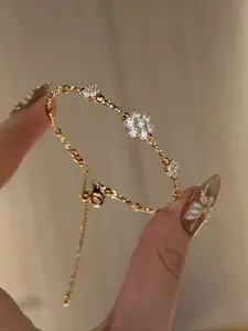 Elegant Women's Flower Bangle with Artificial Zircon, Golden Silvery Adjustable Copper Bracelet Jewelry Gift for Daily Wear Party, Exquisite Bracelet