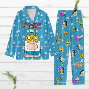 Unwind Studio Adventure Time Pajama Set – Finn & Jake Cartoon Sleepwear, 100% Polyester Herringbone Satin, Cute Holiday PJs, Perfect Gift for Friends