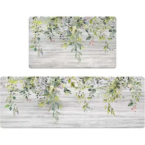 Kitchen Rug Mats for Floor Cushioned Anti Fatigue Green Eucalyptus Kitchen Rugs Sets of 2 Farmhouse Non Slip Waterproof Comfort Memory Foam Standing Floor Mat for Office Laundry Sink Desk