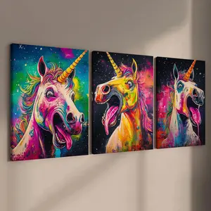 Unicorn Pattern Canvas Painting with Frame, 3 Counts/set Creative Wall Art, Wall Decor for Home Living Room Bedroom Office, Ornaments