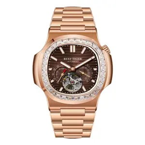 REEF TIGER RT Men's Stylish Automatic Mechanical Watch with Square Diamonds 24-Hour Display Tourbillon Luminous Hands Sapphire Crystal