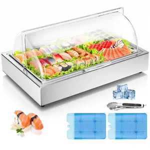 Ice Food Serving Display Tray with Clear Roll Top Cover, 1 x 1 Pan Stainless Steel Cold Food Buffet Condiment Dispenser Display Rack with 1 Clip & 2 Ice Trays for Restaurant Hotel Kitchen Party