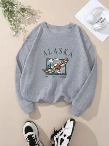Women's Eagle & Letter Print Drop Shoulder Sweatshirt, Casual Long Sleeve Round Neck Pullover for Fall & Winter, Ladies Clothes for Daily Wear