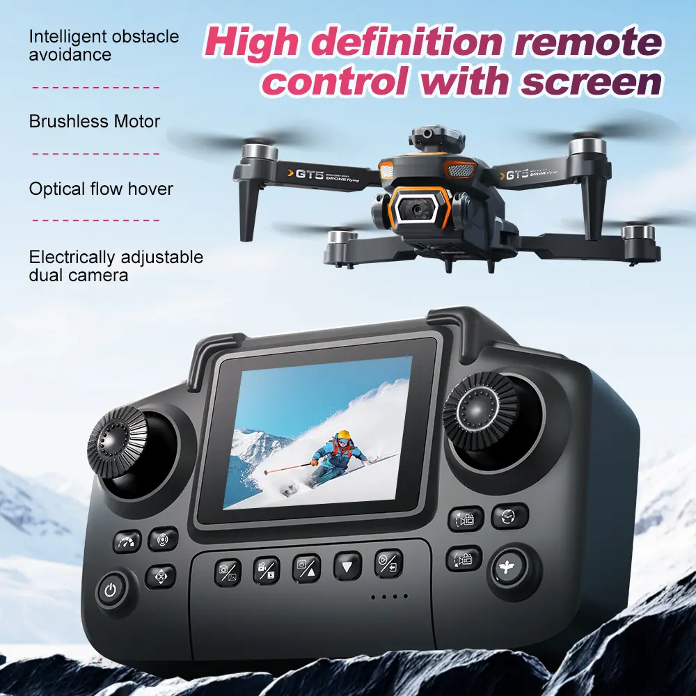 4K drone friendly for beginners, featuring a screen remote control, high-definition real-time transmission, intelligent obstacle avoidance, brushless motors, light-flow hovering, dual cameras with electronic controls—effortlessly capture cinematic outdoor