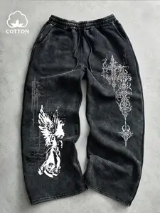 Men's Trace Cotton Long Pants, Casual Loose Fit, Design Print Waist Drawstring, Super Soft Comfortable, Fall & Winter Casual Daily Wear