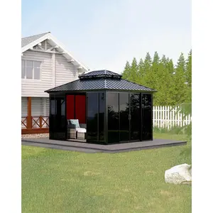 10x12 ft Hardtop Gazebo Sunroom, Enclosed with Floor-to-Ceiling Sliding Doors, All-Aluminum Alloy Frame, Screen Outdoor Solarium for Backyard, Patio & Deck