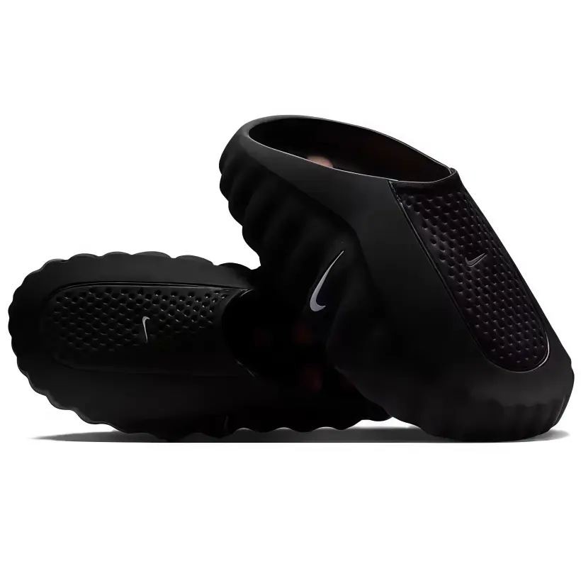 Men's & Women's All-Black Hollow-Out Platform Slide Sandals, Breathable Perforated Upper, Vertical Groove Side Design, Orange Anti-Slip Rubber Stud Outsole, Single-Piece Molded Casual Slip-On Mules for Outdoor & Shower Use