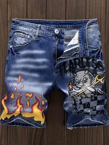 New European and American vintage printed hole jeans
