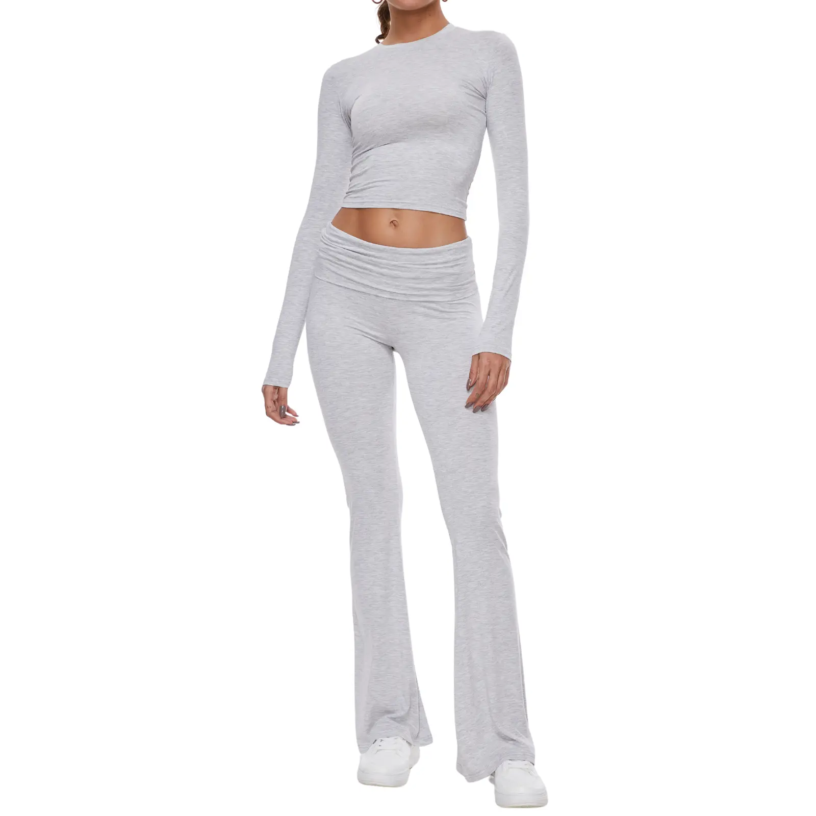 AnotherChill Women's 2 Piece Lounge Sets Fold-over Flare Pants Set Long Sleeve Cropped Top Casual Outfits Pajamas Loungewear Nightwear #sohochic