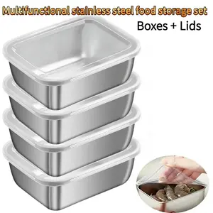 8pcs Food Grade Stainless Steel Food Saver Storage Containers Set, Durable Square Sealed Boxes & Lids, Ideal for Kitchen, Fridge, Camping, Fruit, Veggie, Seafood