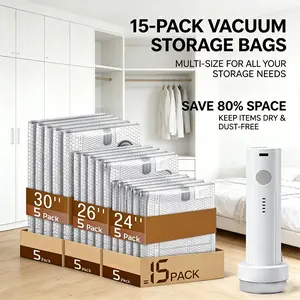 【2026 Upgraded】  Cordless Travel Vacuum Storage Compression Bag Set with Rechargeable air Pump 9/15 Pack Waterproof & Reusable Compression Packing Bags for 2 Size,140L/Min Powerful Air Removal，Perfect for Carry-On Suitcases，basket USB Compact