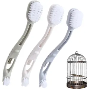 Bird Cage Cleaning Brush with Long Handle, Durable Hard Bristle Scrub Brush for Bird Droppings, Parrot Cage Cleaner Tool (Grey, Beige, Green, 3 Pcs)