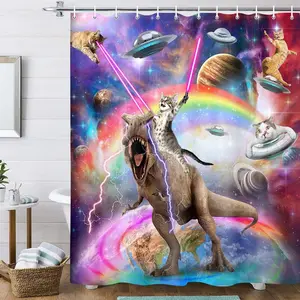 Funny Monkey Cat Cow Frog Shower Curtain, Brave Cat Holding Trident Arrow Riding Shark in Ocean Wave, Whale Cat Shower Curtain,Rustic Animal Print Bath Curtain Waterproof Shower Curtains for Men, Wooden Teen Boys Humorous Bathroom Decor