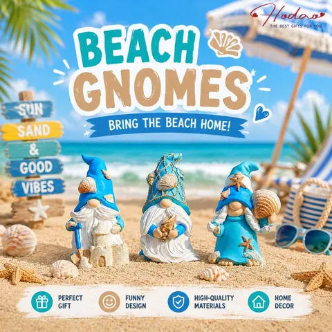 HODAO 2026 Summer Coastal Handmade Polyresin Classic Gnome Figurines - Beach Element Ornament Statues, 4th of July Home Decor, Resin Figure Gift Set with Box for Floor Display