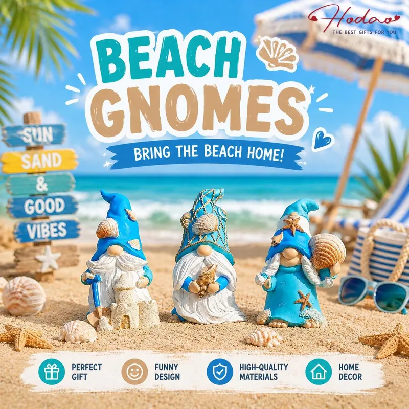 HODAO 2026 Summer Coastal Handmade Polyresin Classic Gnome Figurines - Beach Element Ornament Statues, 4th of July Home Decor, Resin Figure Gift Set with Box for Floor Display
