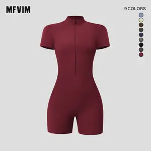Sporty Women’s Solid Color Zip-Up Half Placket Mock Neck Sports Skinny Tummy Control Romper, Casual Sport Quick-Dry Short-Sleeve Bodycon Romper for Yoga, Gym, Workouts, Running, Summer Outfits 2025