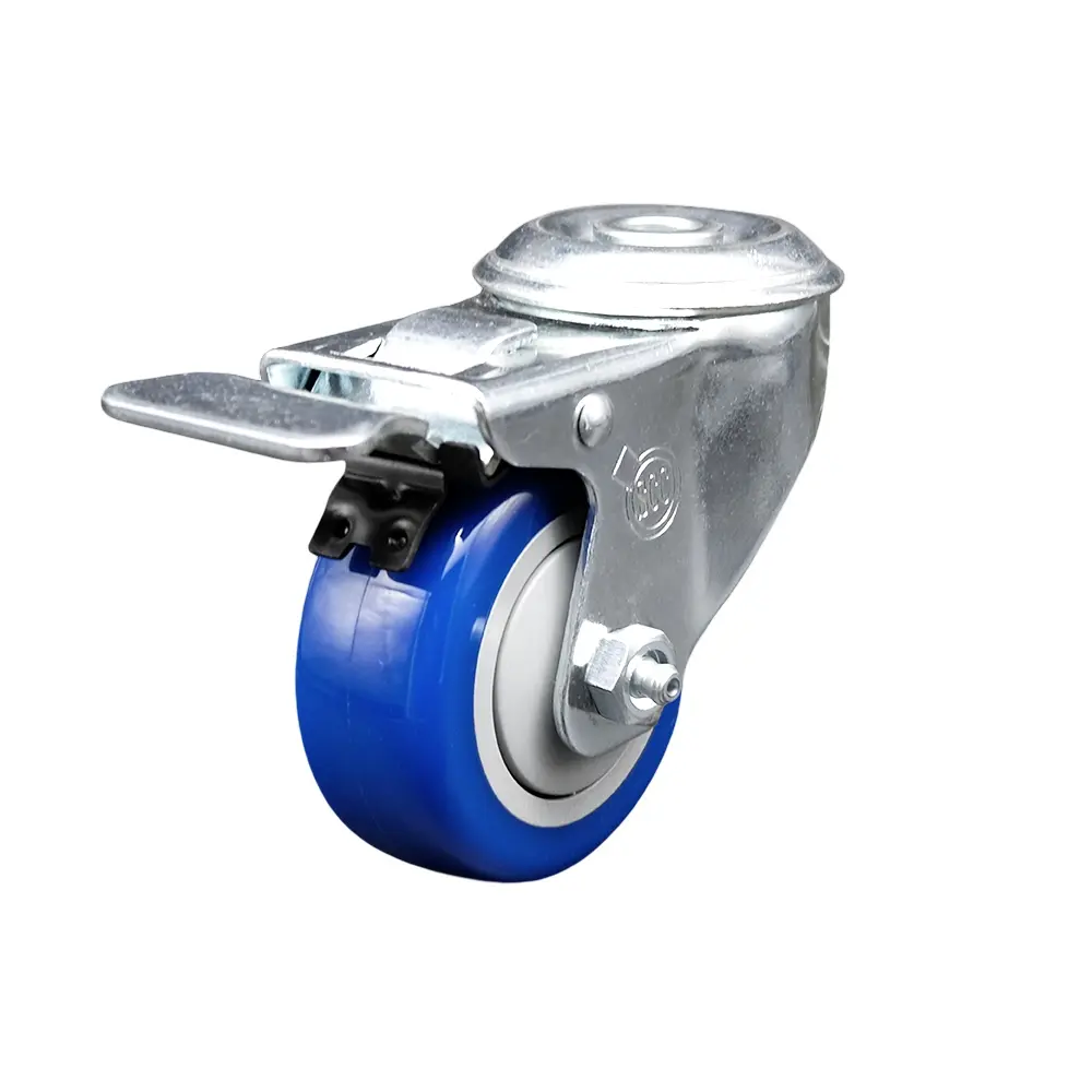 Service Caster SCC-SSBHTTL20S314-PPUB-BLUE Stainless Steel Roller Stopper, Series #20 Polyurethane Swivel Bolt Hole Unit with 3x1.25 in. Blue Wheel, Total Locking Brake for Shop Carts, Equipment, Material Handling (300 lbs Capacity, Metal Bearing Castors)