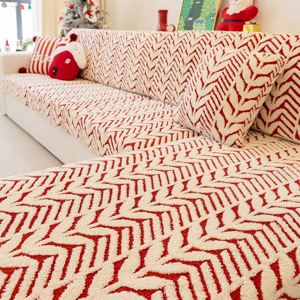 Classic Christmas Fleece Sofa Cover, Sofa Couch Covers, Warm Soft Dustproof, Suitable for Two-Seat Three-Seat Four-Seat Sofas, Winter Protector