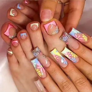 Colorful Flower Press on Nails & Toenails for Women Rhinestone Embellished Salon Quality 24pcs Long Fake