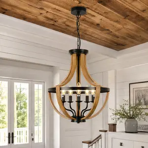 ARCH 5-Light Farmhouse Industrial Chandelier, 17.7-Inch Brown Metal Geometric Wooden Frame Pendant Light Fixture for Dining Room, Kitchen Island, Foyer, Living Room, Hallway, E26 Bulbs Not Included, Adjustable Height, Sloped Ceiling Compatible