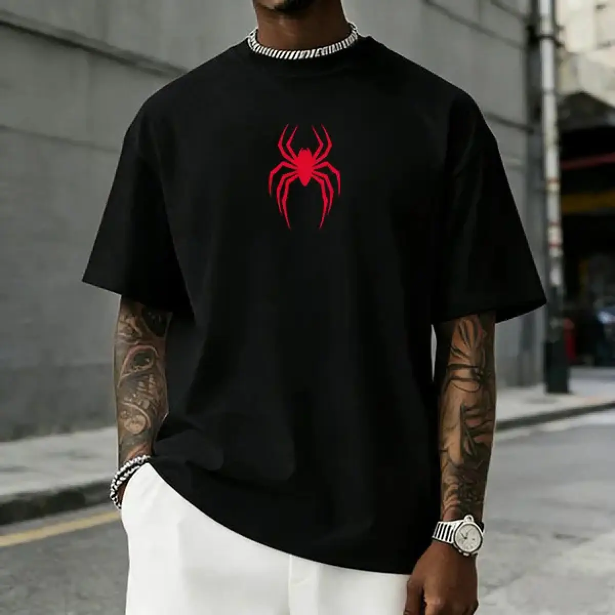 2026 New Boxy Fit Tee 100% Premium Cotton Men’s minimalist 100% cotton T-shirt featuring a red spider graphic; dark street style, grunge aesthetic, urban edge vibe. A must-buy under $10; Ghostcore * Superhero fusion. High-score men’s