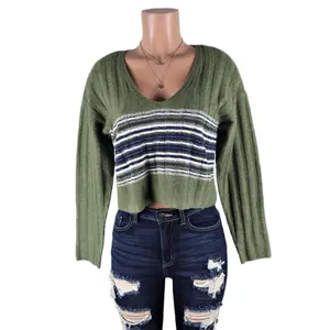 Peggy V Crop Sweater Long Sleeve Stripe Lightweight