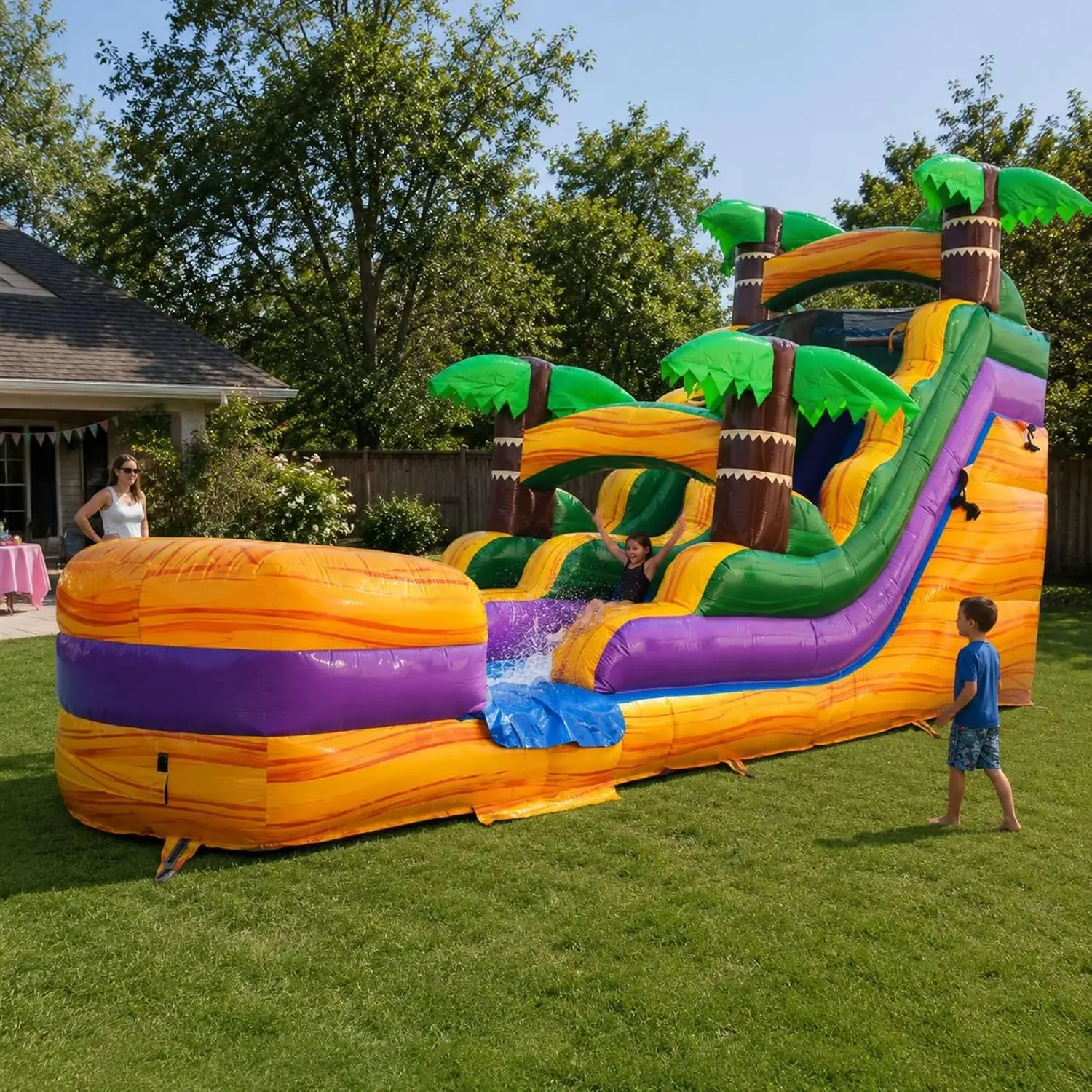 15FT Commercial Inflatable Water Slide, Tropical Yellow | Heavy-Duty 15oz Vinyl, Commercial Waterslide Bouncer w/ Blower, Stakes, & Storage Bag, for Kids & Adults Party Event Birthday
