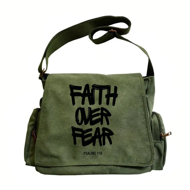 Women’s canvas crossbody bag featuring Bible verses — large capacity, adjustable shoulder strap, flip-top retro design, “Faith Over Fear” print, suitable for travel and shopping, an excellent gift choice.