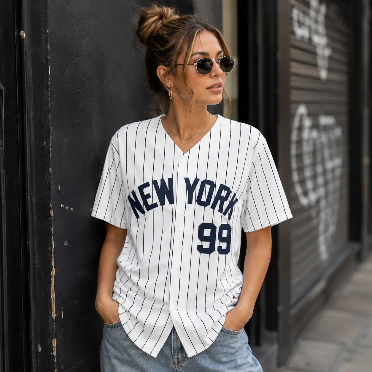 Unisex Retro New York Pinstripe Baseball Jersey - Button-Up Front, Short Sleeves, Relaxed Cut, Polyester Mesh, Number 2/99 White Navy Sports Shirt for Game Days