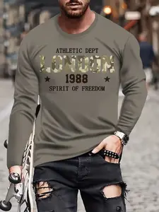Men's Classic Fashion Digital Print Round Neck Fitted T-Shirt, Casual Sporty Streetwear Long Sleeve Tee, Comfortable Fall & Winter Clothing, Casual Stylish Tee, Menswear