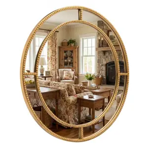 28 Inch Gold Round Wall Mirror with Beaded Frame for Living Room Entryway