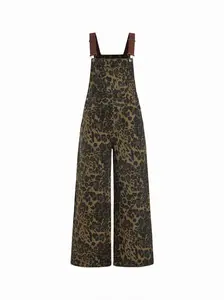 Cider Petite Denim Leopard Graphic High Rise Oversized Wide Leg Overalls