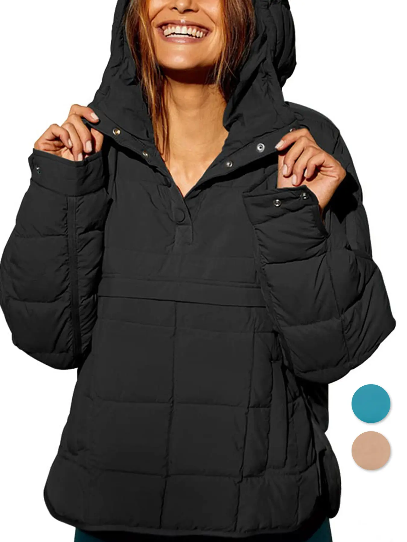 Renaishow Women's Quilted Puffer Jacket, Loose Oversized Pullover Winter Coat with Hood, Long Sleeve High-Low Hem with Side Buttons and Pockets