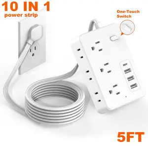 10-in-1 Surge Protector Power Strip with 6AC Outlets, 3USB & 1 Type-C Ports | Compact Multi-Plug Outlet Extender with Flat Plug Design, Space-Saving 5FT Extension Cord for Home, Office, and Kitchen | Overload Protection