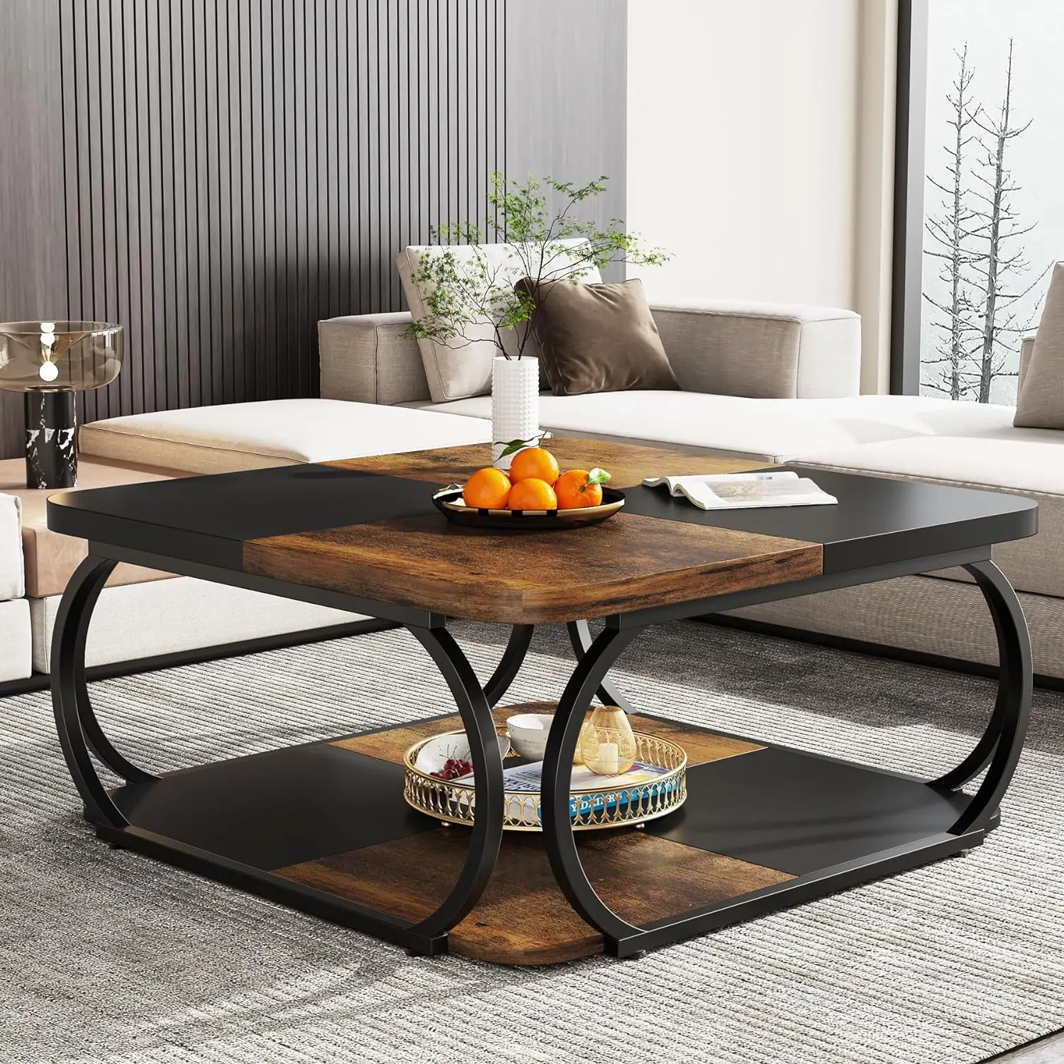 Tribesigns 2 Tiers Square Coffee Table, 40 inches Low Farmhouse Coffee Table with Wood Storage Shelf Tribesigns 2 Tiers Square Coffee Table, 40 inches Low Farmhouse Coffee Table with Wood Storage Shelf