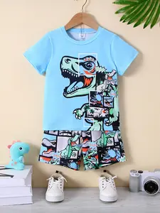 Two-Piece Boys' Set, Colorful Dinosaur Print Short Sleeve T-Shirt and Shorts, Summer for Kids, Fun and Stylish Clothing, Outfit