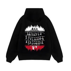 en's Light Gray Oversized Hoodie Stranger Things Retro Knit Style (Bike + String Lights + Monster Graphic), Casual IP Wear