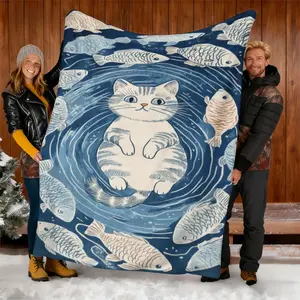 Cute Cat Fish Pattern Blanket, Warm Winter Home Essential, Soft Comfortable, Multi-Purpose, Suitable for All Ages, Easy Wash Machine