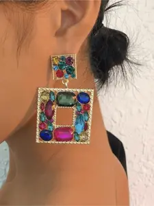 A pair of exaggerated geometric square diamond earrings with a unique design, featuring hollowed-out alloy pendant earrings – a stylish and niche accessory for women.